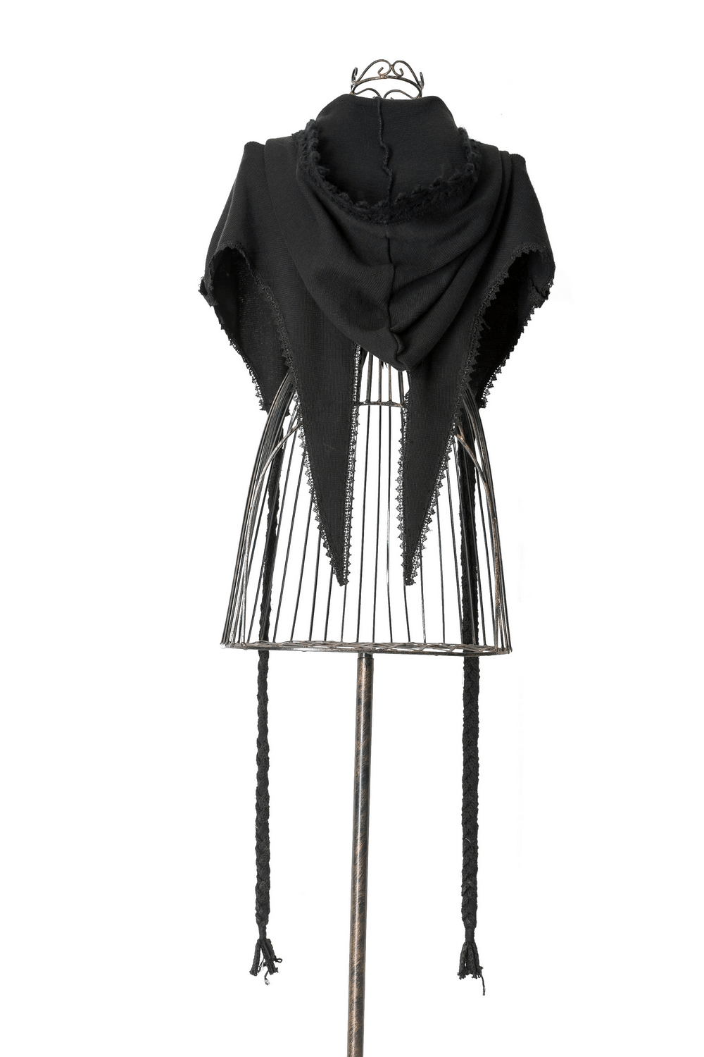 Stylish black gothic wool hooded wrap cape for women displayed on a vintage dress form.