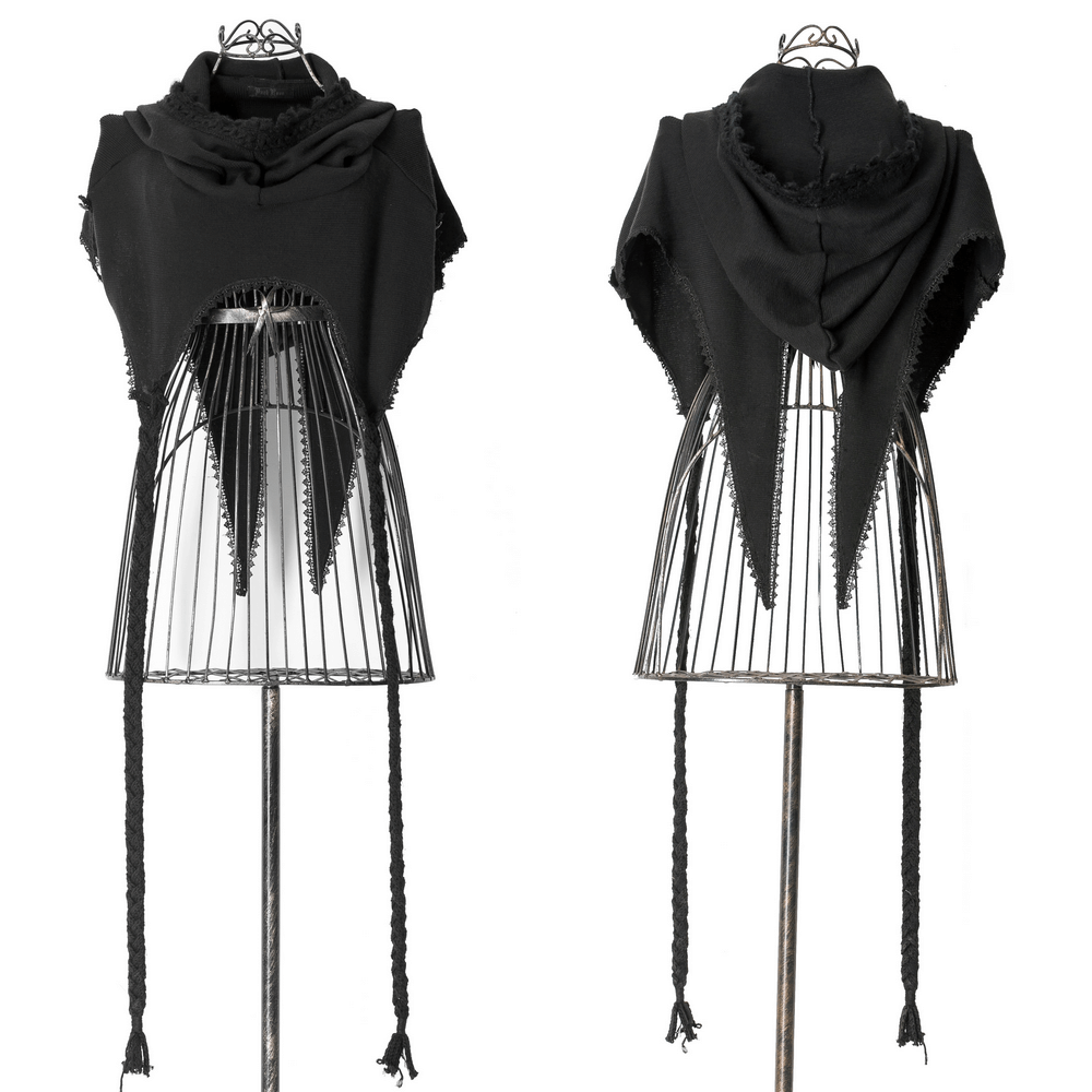 Stylish Gothic Black Hooded Wool Cape for women, showcasing unique design and versatile wearable options.