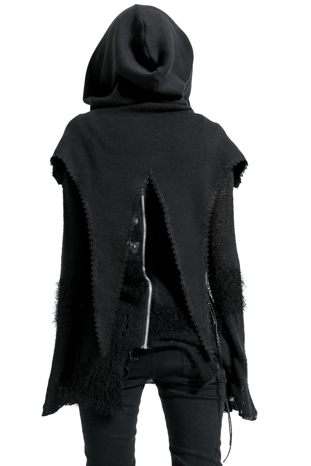 Stylish black hooded wool cape with dramatic back design, perfect for gothic and punk rave aesthetics.