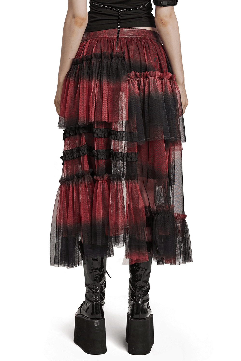 Stylish gradient mesh half skirt with punk belt, featuring asymmetrical layered design and bold red-black hues.
