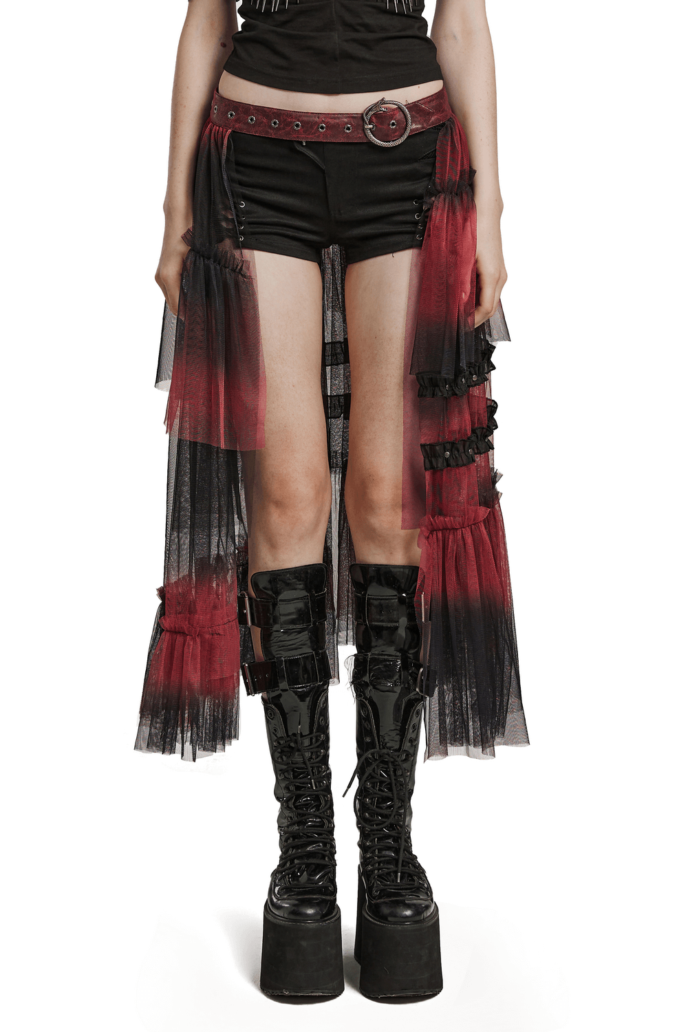 Stylish gradient mesh half skirt with punk belt, featuring asymmetrical layered design and edgy black and red hues.