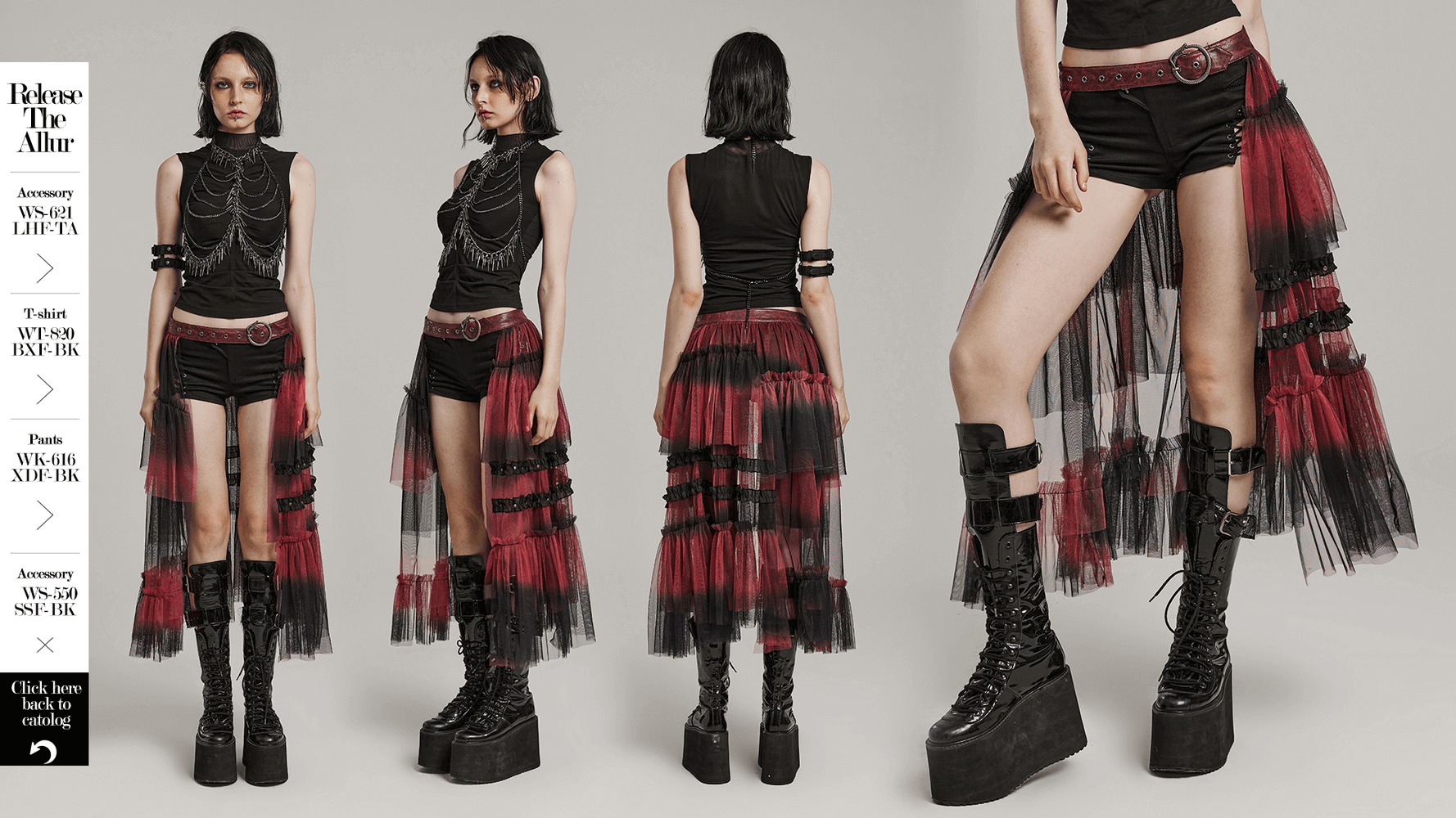 Edgy gradient mesh half skirt with punk belt, asymmetrical layered design, perfect for stylish rebellion.