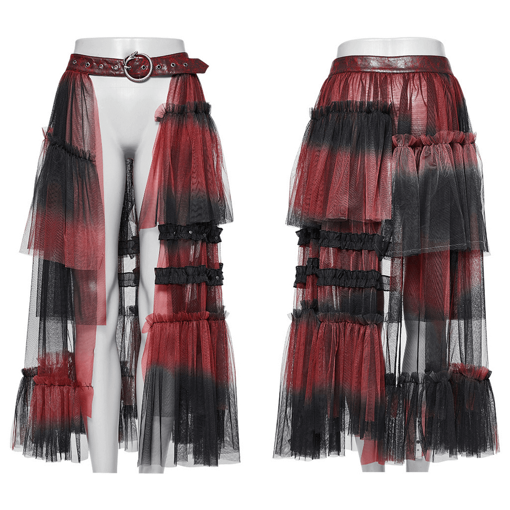 Stylish gradient mesh half skirt with punk belt, featuring layered asymmetrical design and bold red and black colors.