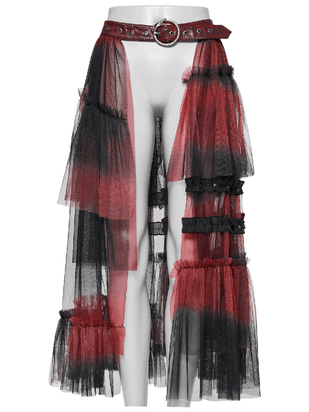 Stylish gradient mesh half skirt with punk belt, featuring asymmetrical layered design in red and black.