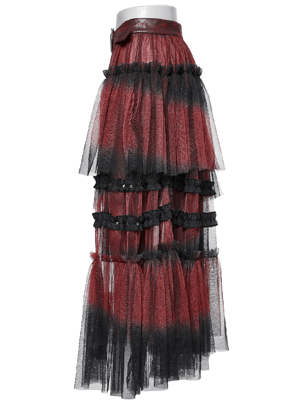 Stylish gradient mesh long half skirt with punk belt, featuring asymmetrical layered design and rich hues.