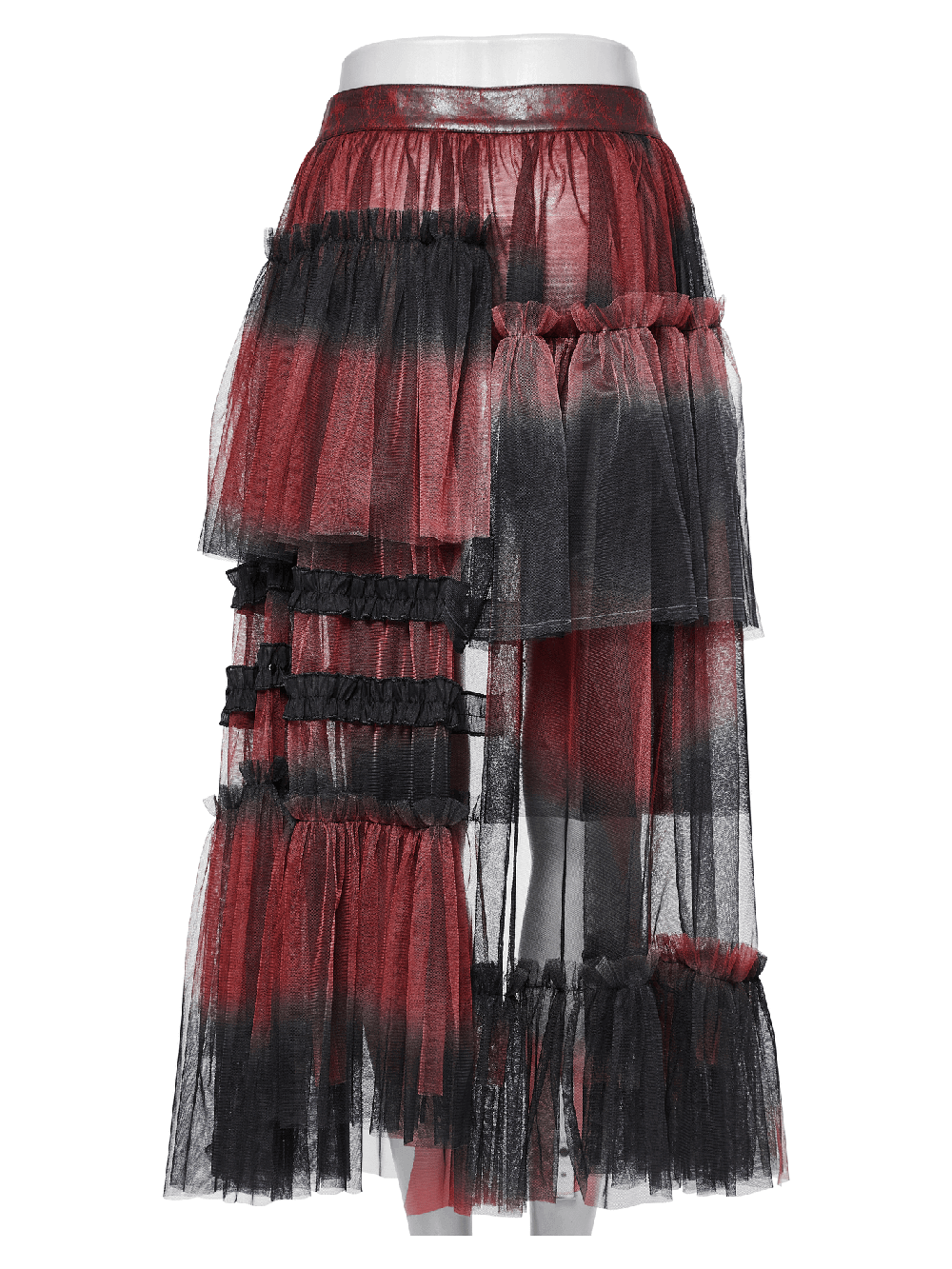 Stylish gradient mesh half skirt with asymmetrical layers and punk leather belt, showcasing edgy fashion trends.