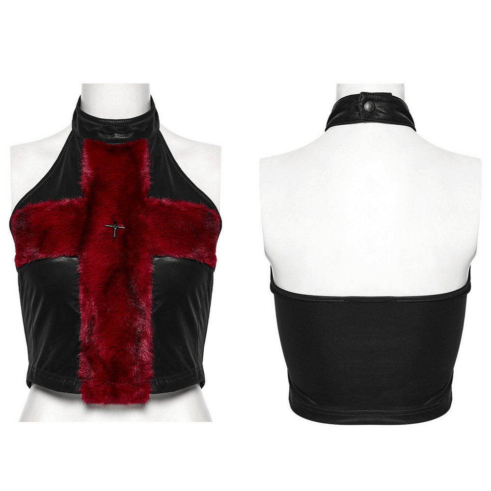 Stylish halter neck top with red fur cross detail, gothic faux leather and wool blend, bold and unique statement piece.