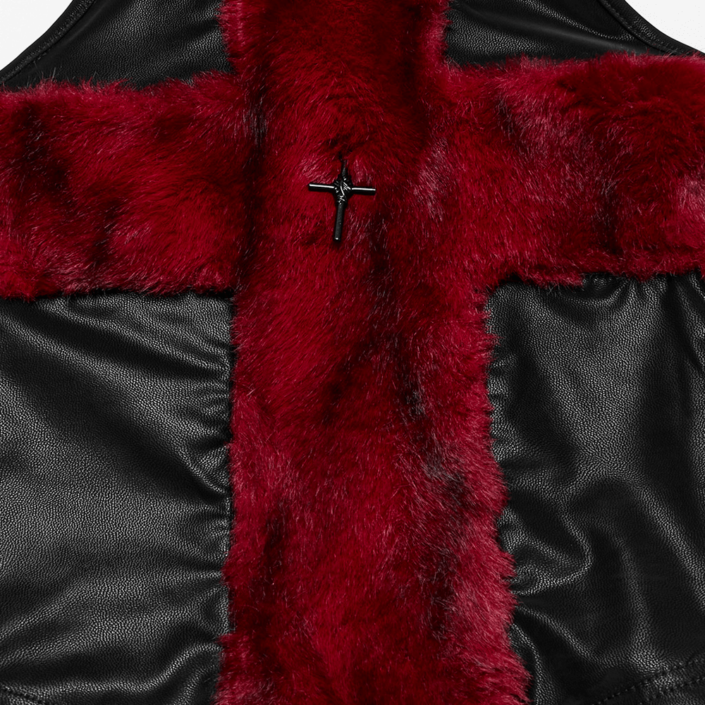 Close-up of stylish halter top with red faux fur cross detail and black leather fabric for a unique gothic look.