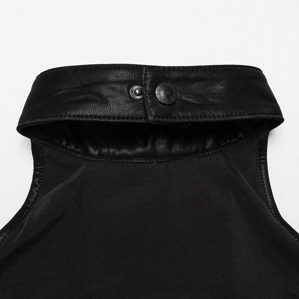Close-up of the stylish halter neck detail with faux leather collar and hidden button for a chic gothic look.