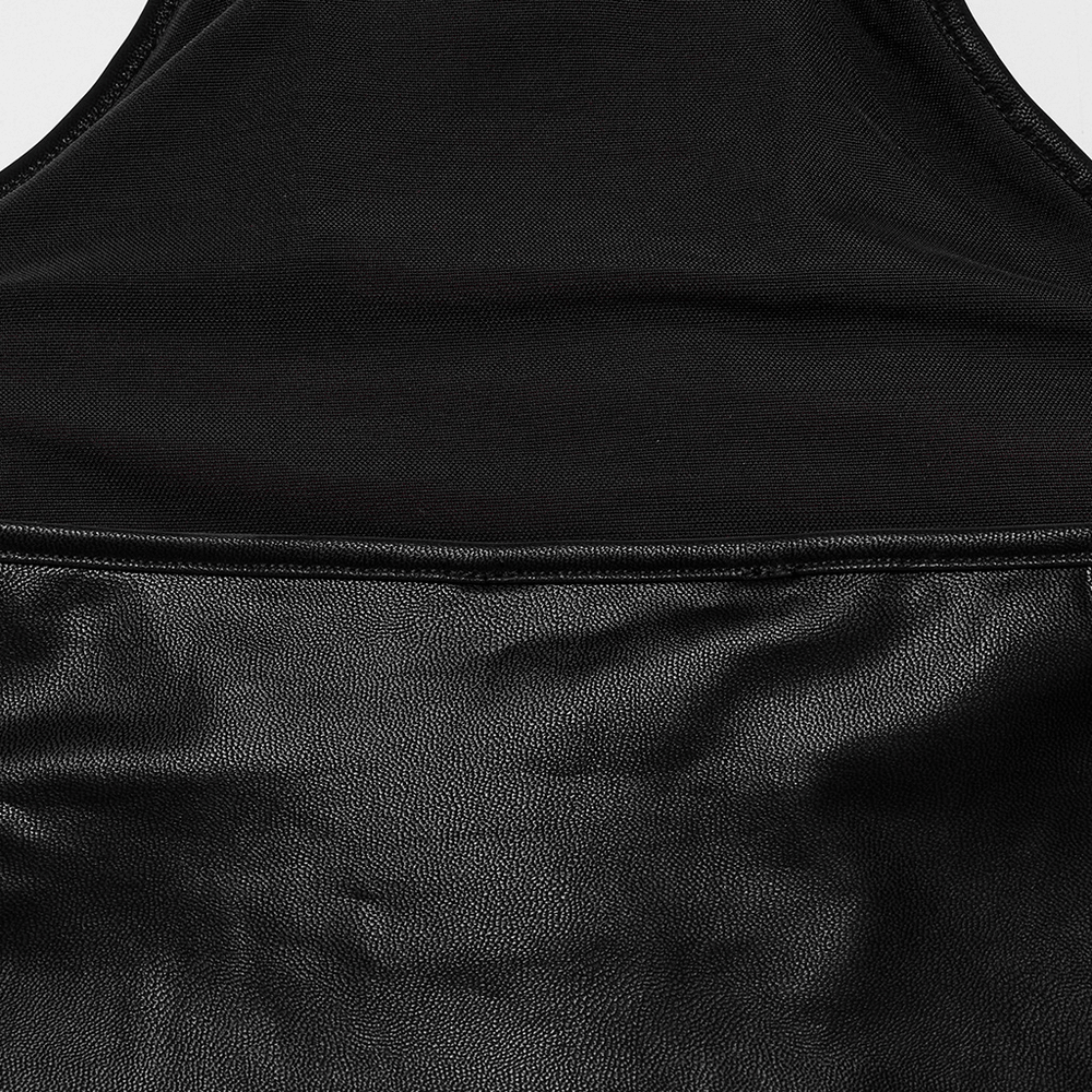 Close-up of stylish halter top's black faux leather and soft fabric detailing, showcasing elegant stitching.