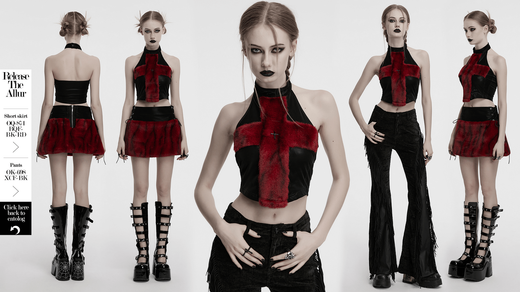 Stylish gothic halter neck top in faux leather and tie-dyed wool with cross detail and metal accents.