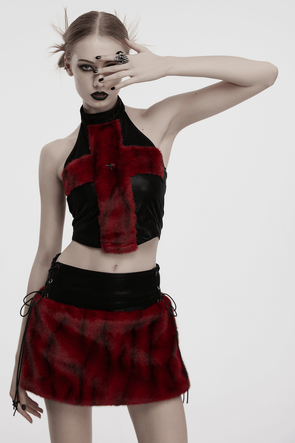 Gothic flame tie-dyed faux leather halter top with bold fur cross detail, showcasing edgy fashion and style.