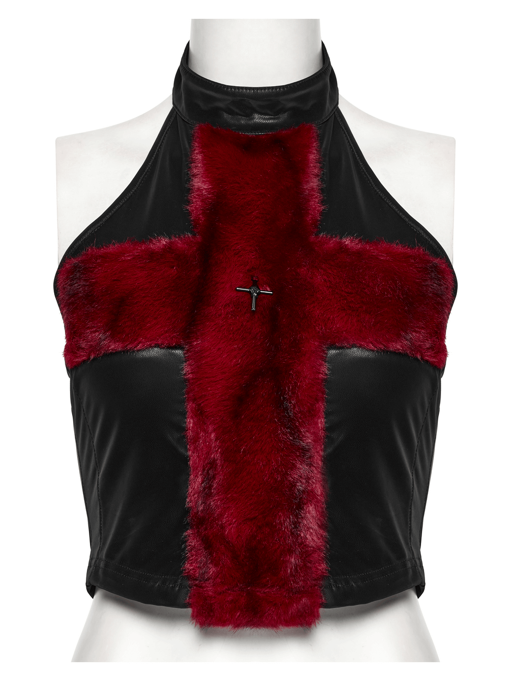 Stylish halter neck top in faux leather and tie-dyed fur with cross detail and metal pendant.