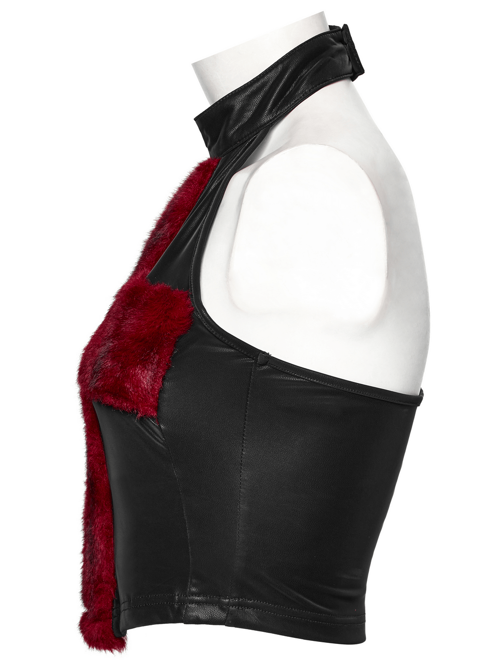 Stylish halter neck faux leather and wool top with tie-dyed fur detail and metal cross pendant.