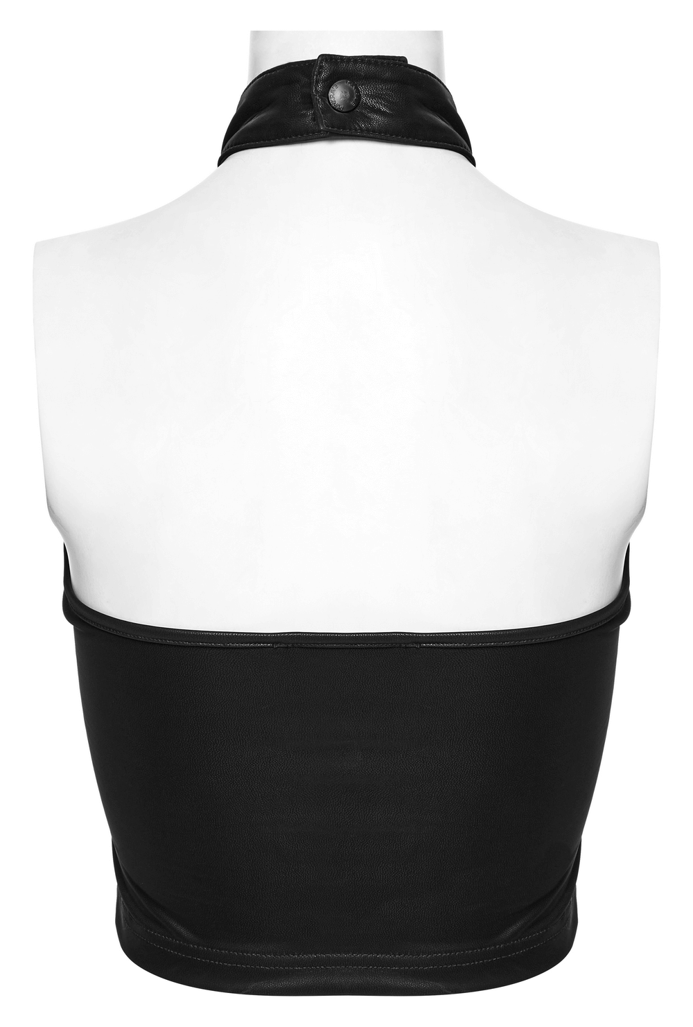 Back view of a stylish black halter crop top with faux leather collar and button detail, perfect for bold gothic outfits.