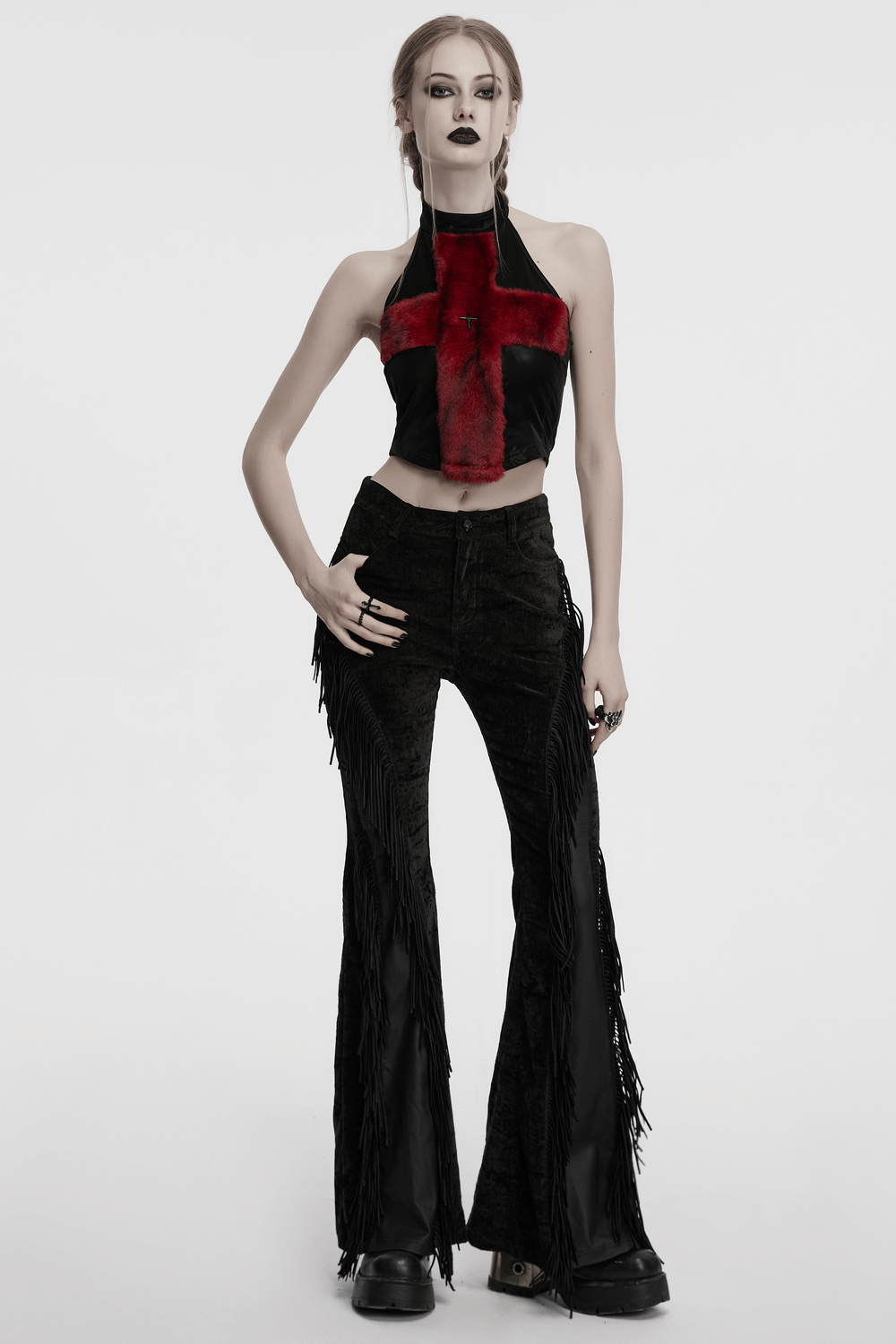 Gothic halter cross fur top with metal accents, paired with stylish black fringe pants for a bold look.