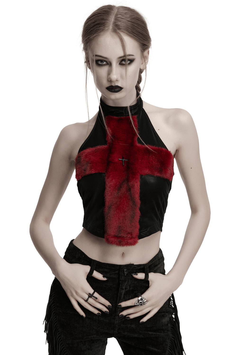 Gothic halter cross top in faux leather and flame tie-dyed fur, featuring metal cross detail and edgy style.
