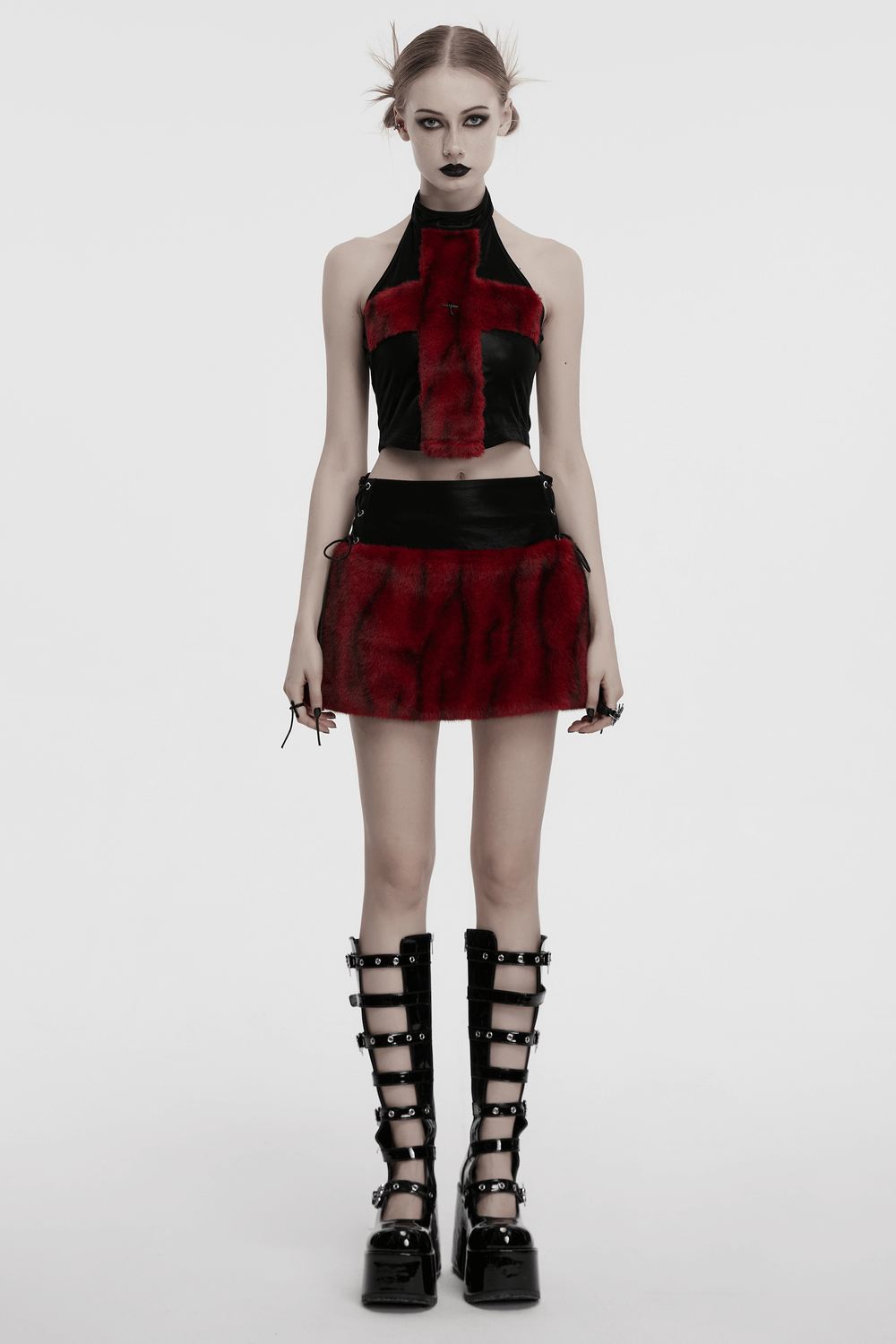 Gothic flame tie-dyed halter top with cross detail, paired with a matching skirt and edgy knee-high boots.
