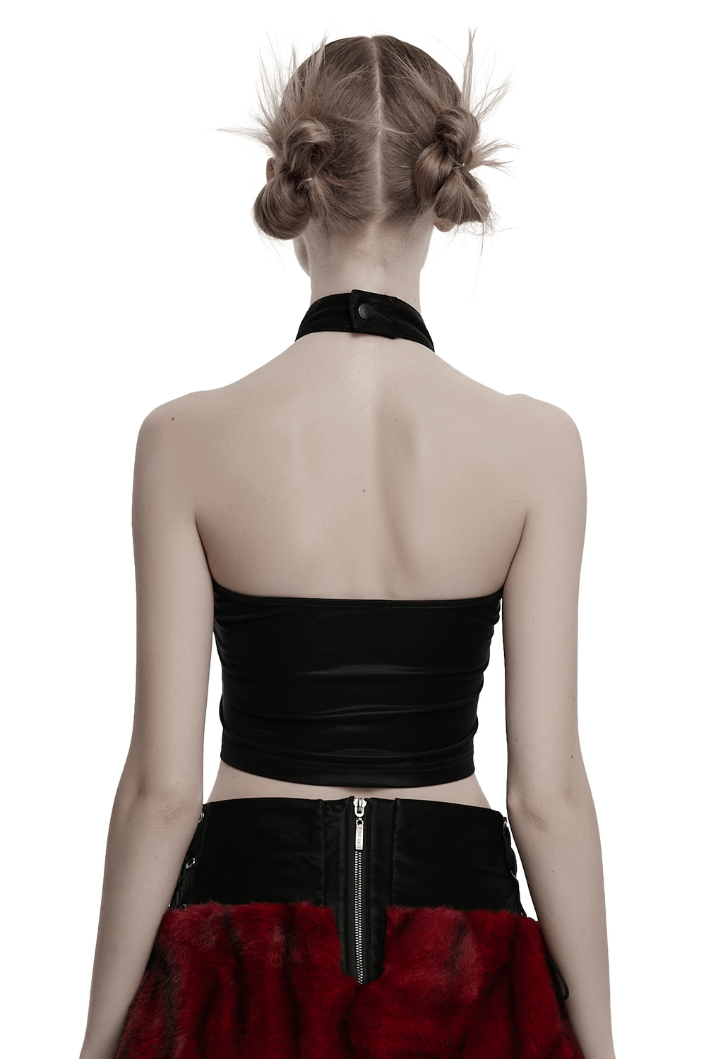 Back view of stylish black halter top featuring faux leather and soft fabric, perfect for gothic fashion.