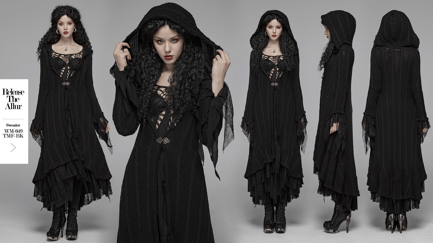 Stylish hooded gothic long cardigan for women with lace details, showcasing a fitted silhouette and hemp pattern weave.