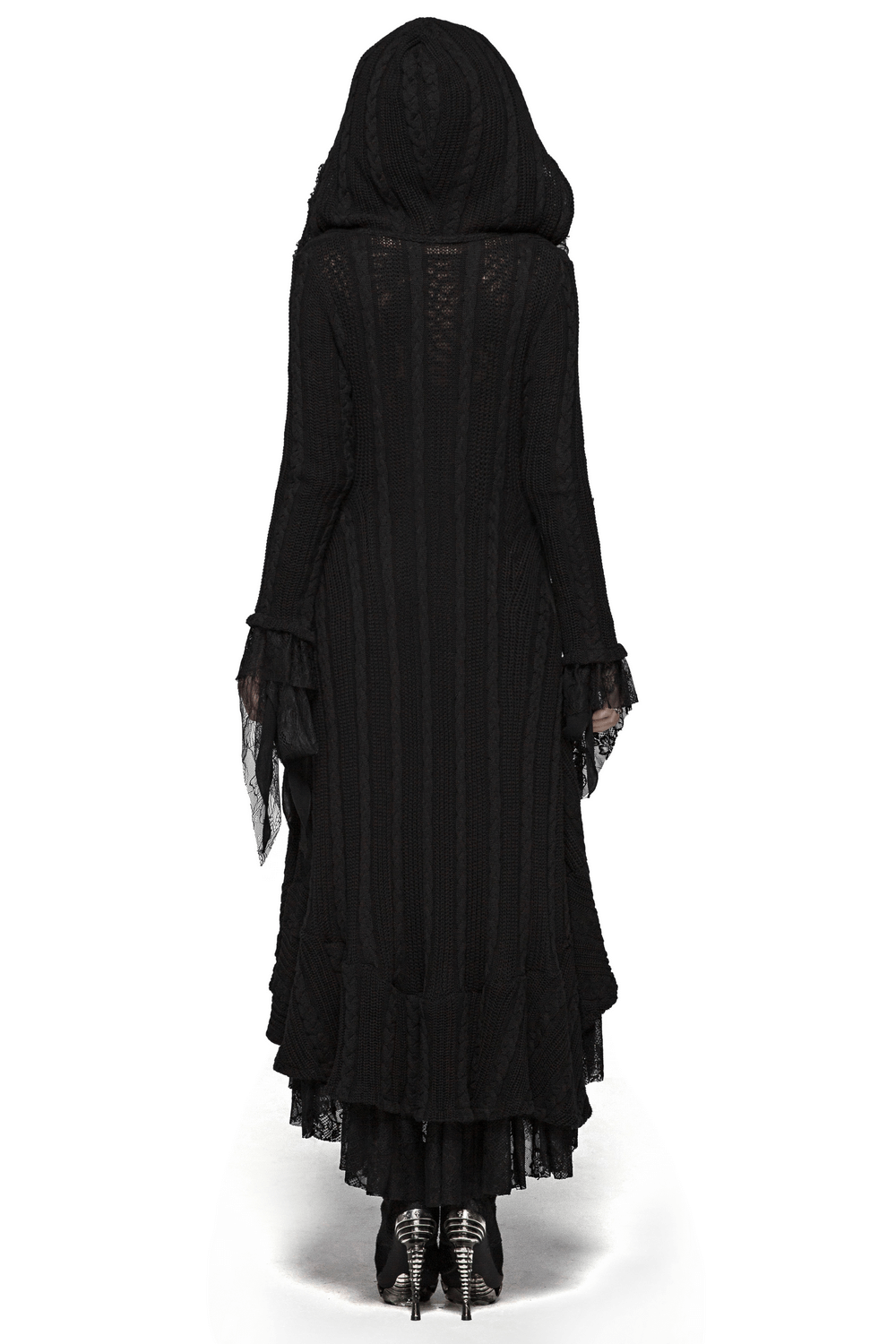 Elegant hooded gothic cardigan for women, featuring intricate lace details and a fitted design. Perfect for stylish layering.