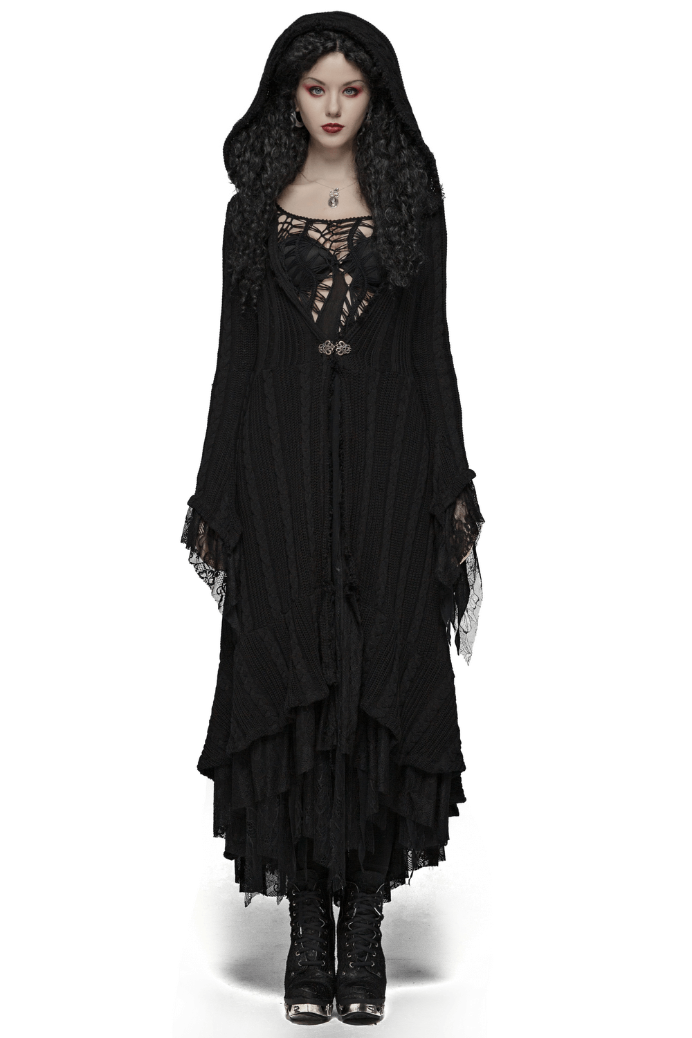 Stylish hooded gothic cardigan with lace details, perfect for adding elegance to your wardrobe. Ideal for gothic fashion lovers.