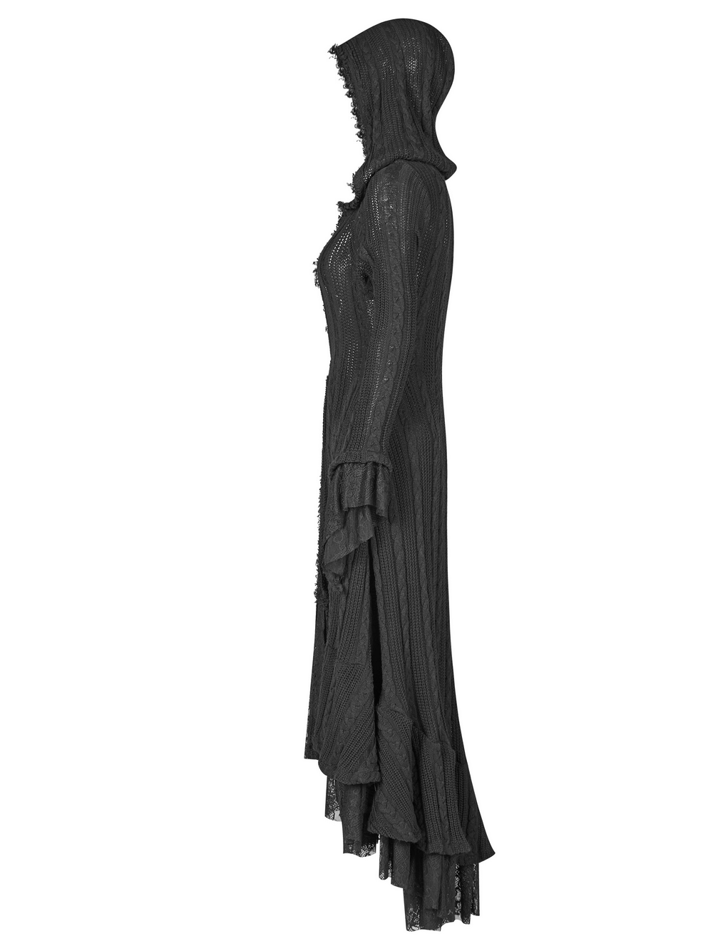 Stylish hooded gothic cardigan for women, featuring lace details and a flowing silhouette, perfect for an elegant gothic look.