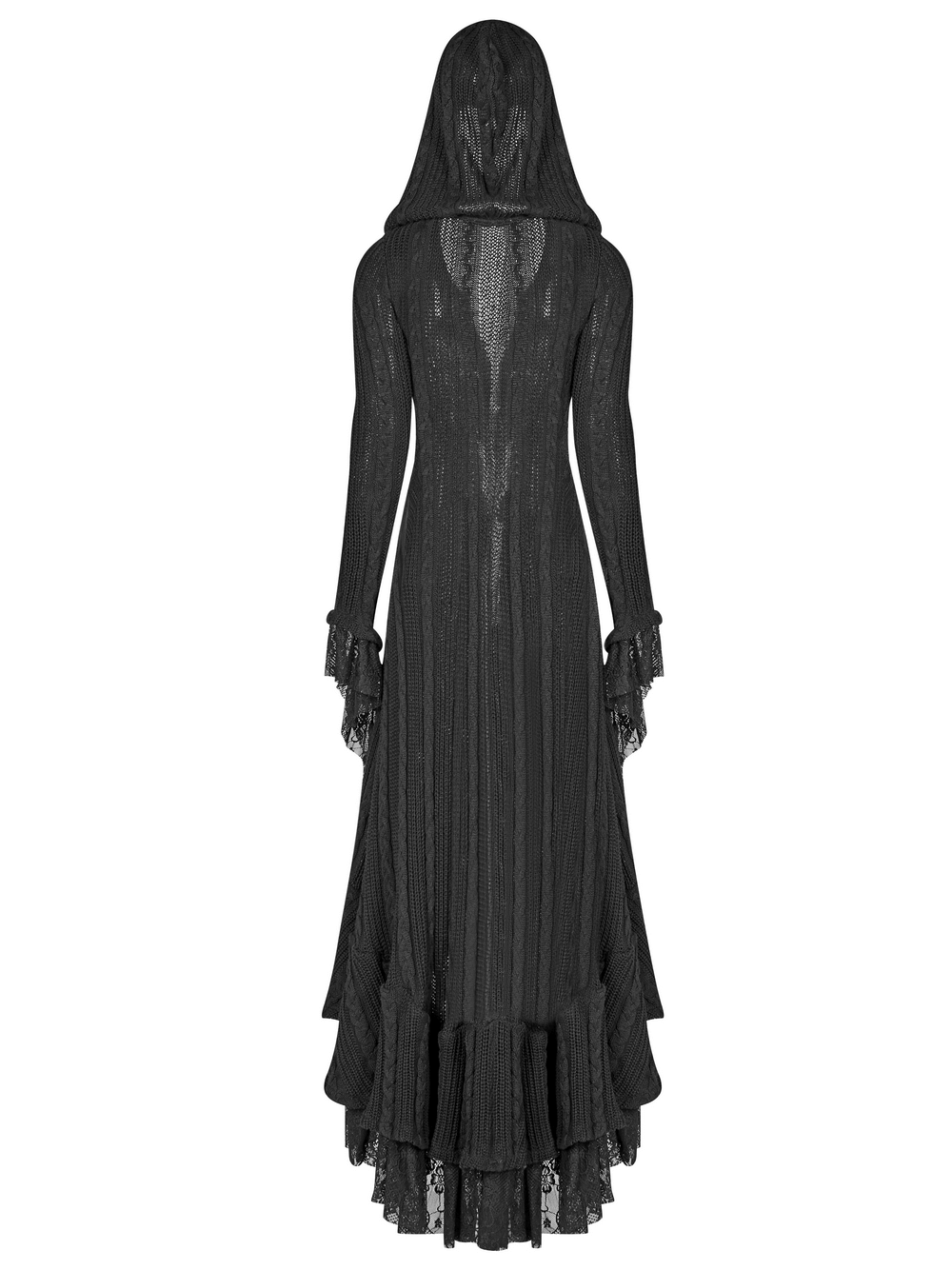 Elegant black hooded gothic cardigan with lace details, showcasing a fitted design and flowing silhouette from the back.