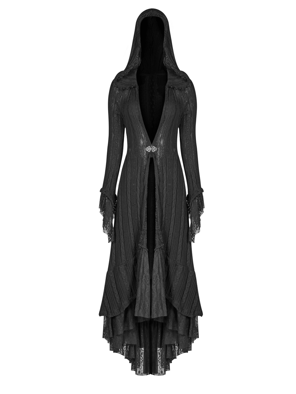 Stylish hooded gothic long cardigan with lace details, perfect for adding elegance to any outfit.