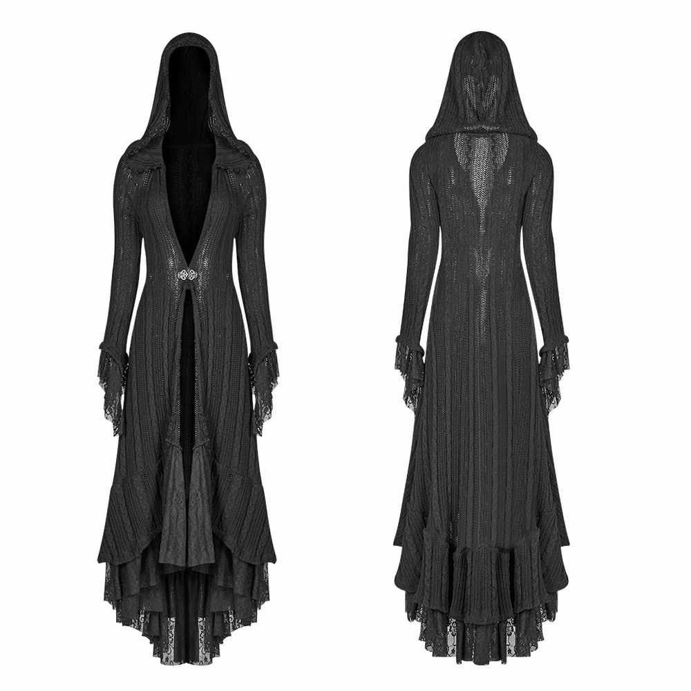 Stylish black hooded gothic cardigan with lace details, perfect for adding elegance to any outfit.