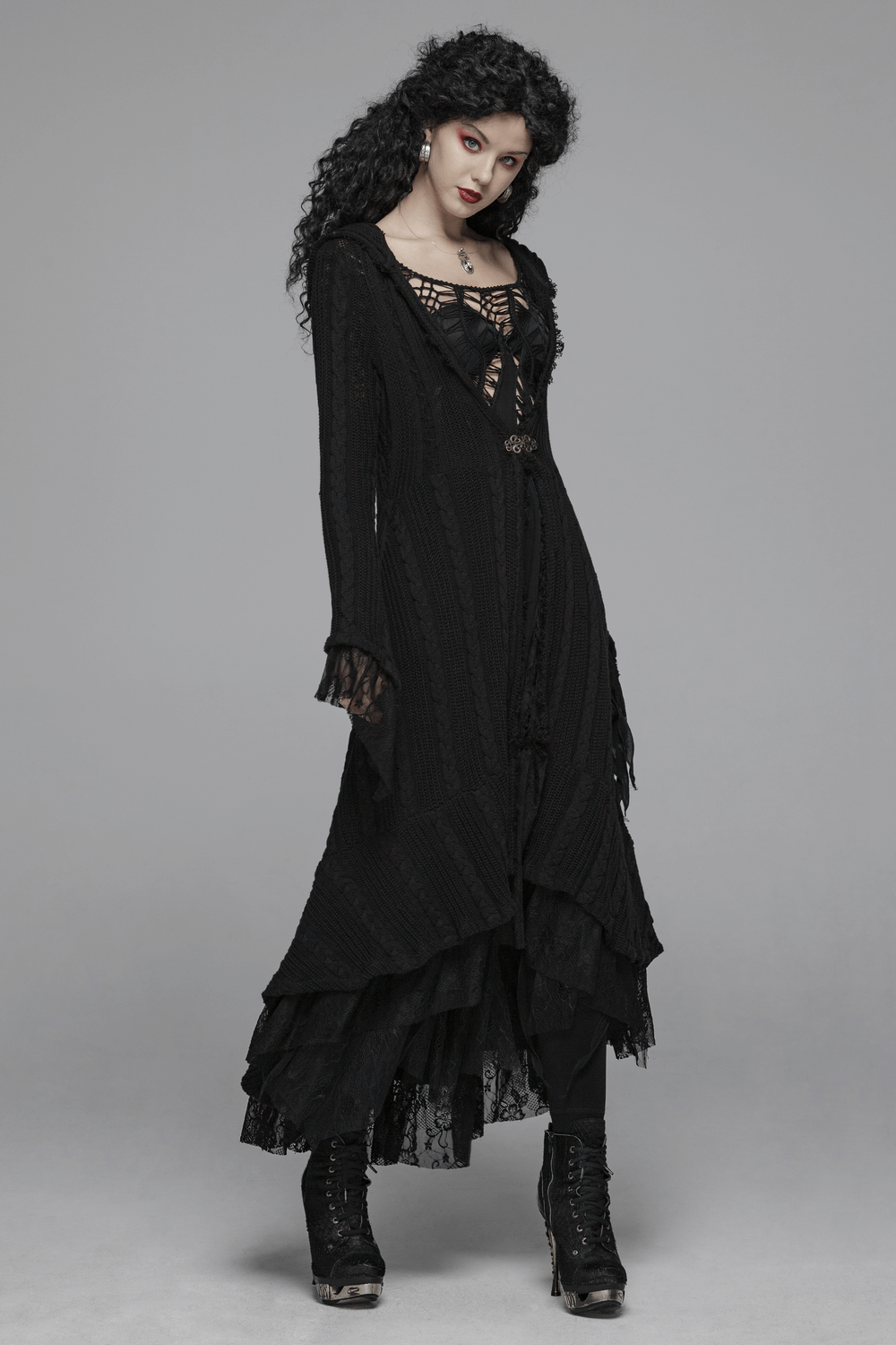 Stylish hooded gothic long cardigan with lace details, featuring a fitted design and flowing hem, perfect for a dramatic look.