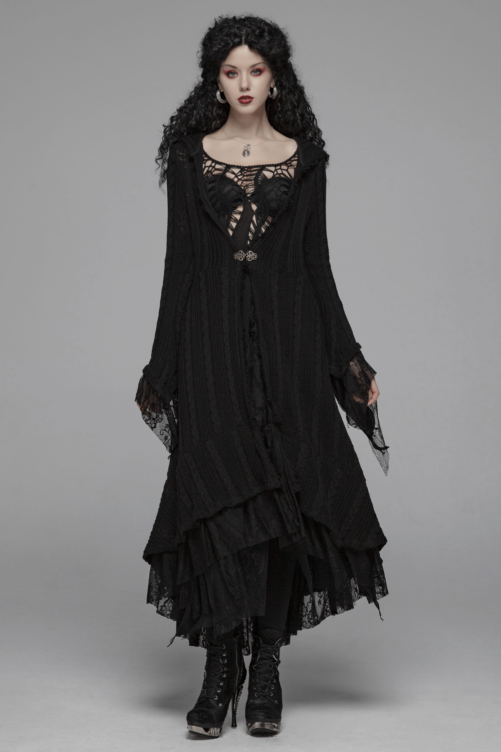 Stylish hooded gothic long cardigan for women, featuring elegant lace details and a fitted silhouette, perfect for gothic fashion lovers.