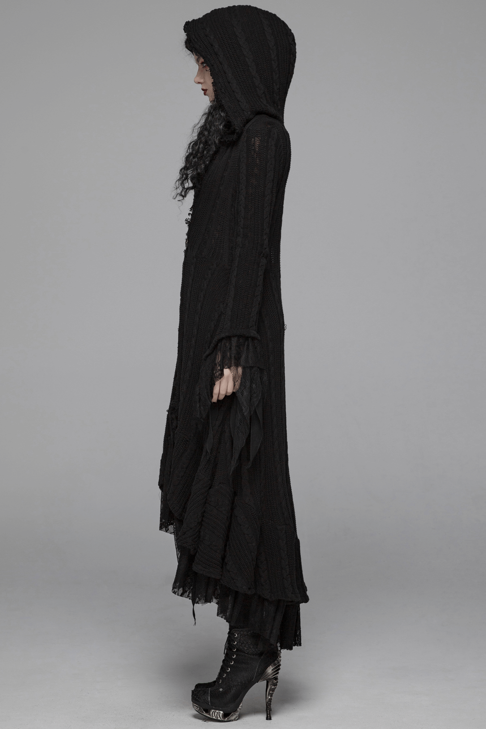 Stylish hooded gothic long cardigan for women, featuring intricate lace and a flowing silhouette. Perfect for elegant, edgy looks.