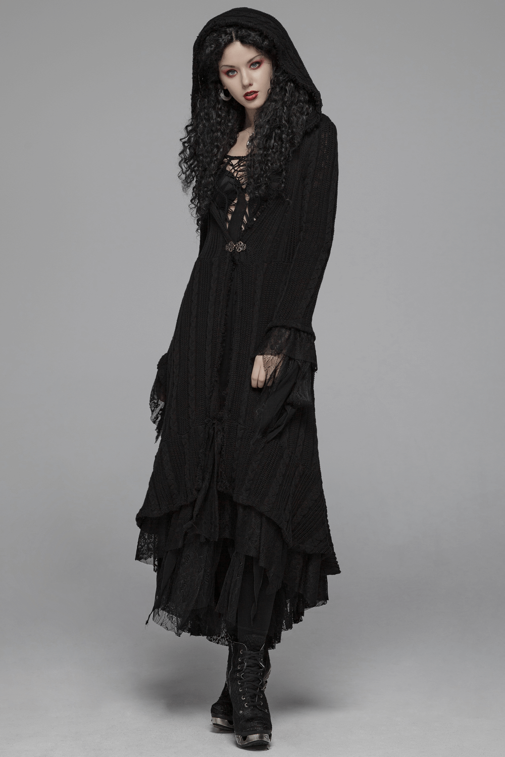 Stylish hooded gothic long cardigan with lace details, showcasing elegance and sophistication for women.