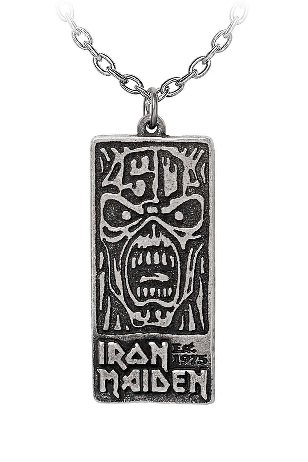 Stylish Iron Maiden 50 Years tablet pendant with chain featuring iconic logo and design for fans and collectors.