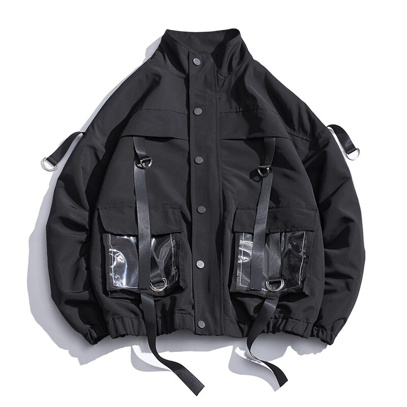 Stylish military streetwear jacket for men, featuring creative pockets and ribbons in a trendy alternative style.