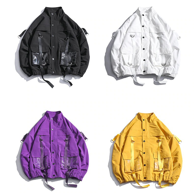 Stylish men's military streetwear jackets in black, white, purple, and yellow with creative pockets and oversized fit.