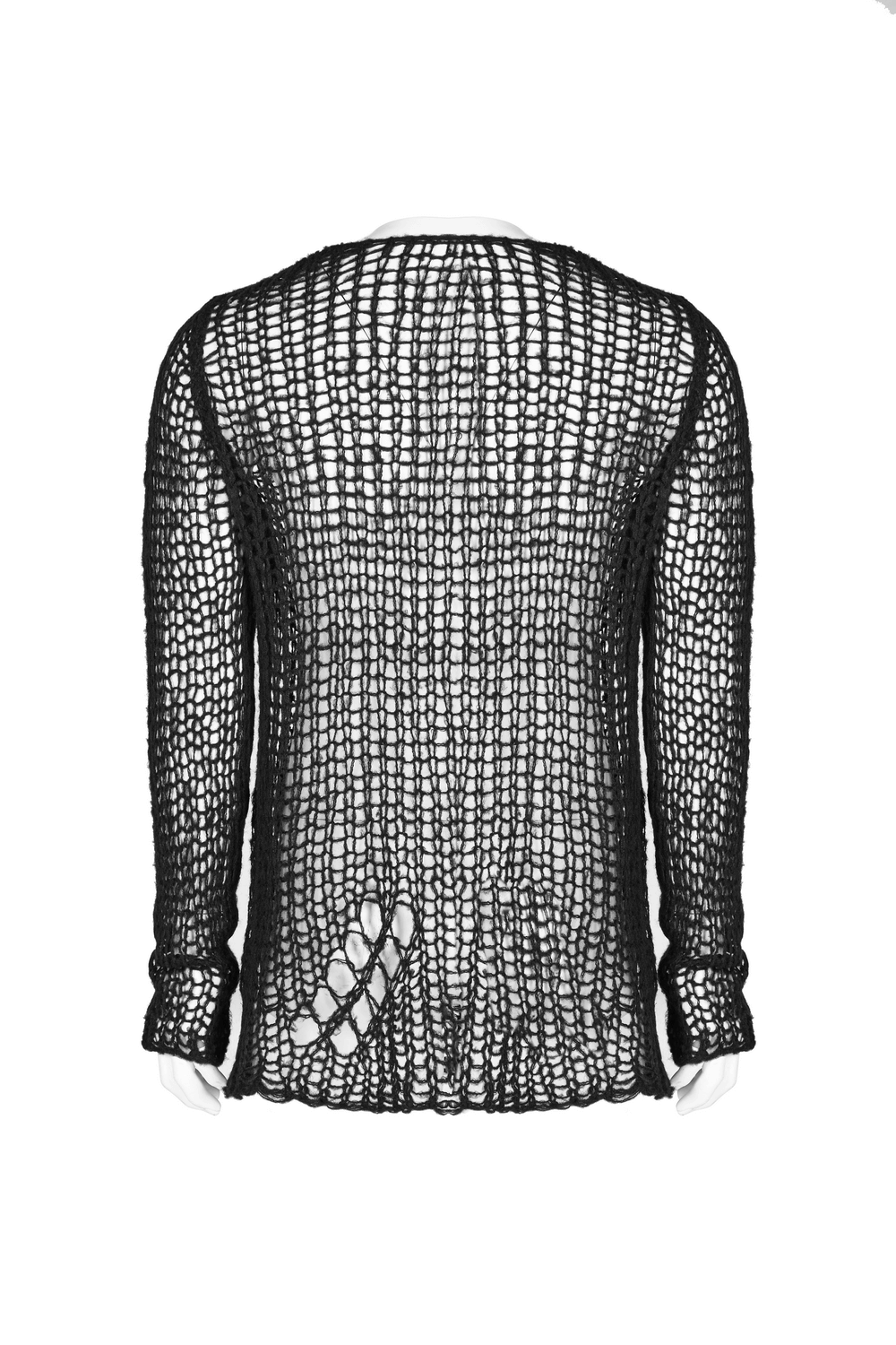 Back view of stylish black knit mesh pullover showcasing its chic design and breathable fabric.