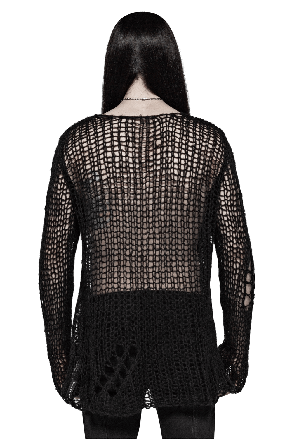 Back view of stylish knit mesh pullover showcasing chic design and breathable texture, perfect for trendy outfits.