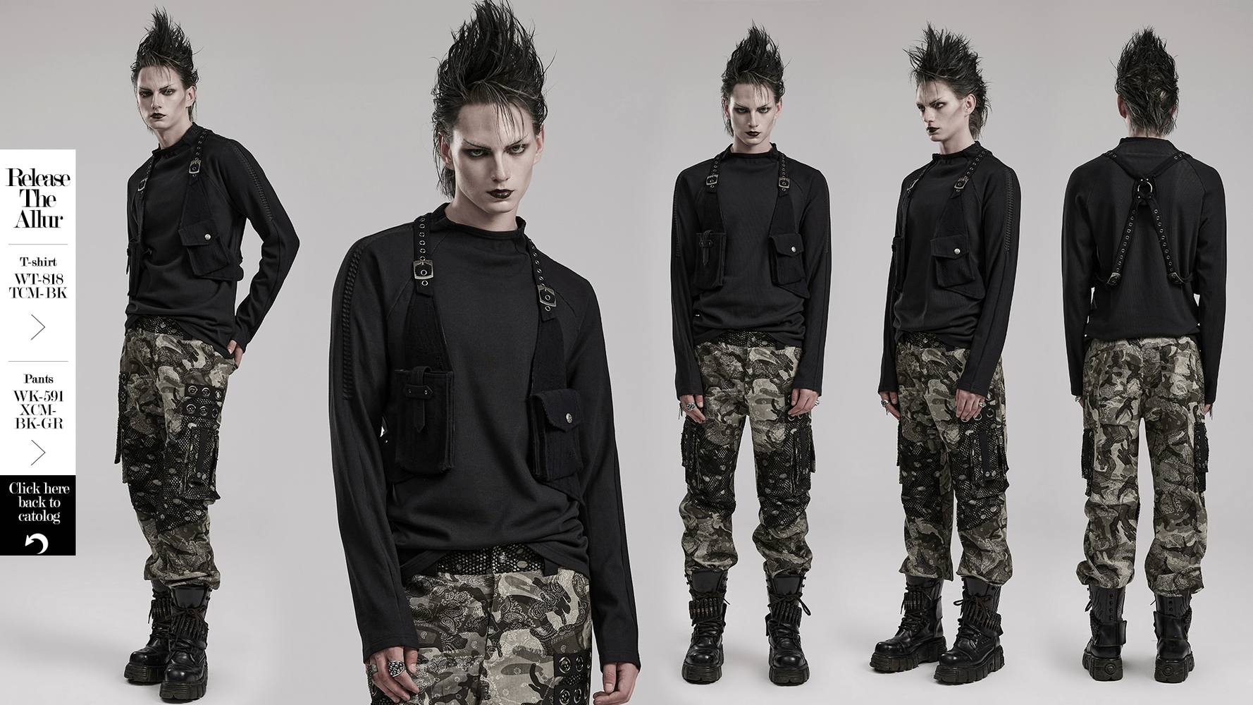 Trendy individual in a stylish knitted and leather holster harness, showcasing military-grade pockets and camouflage pants.