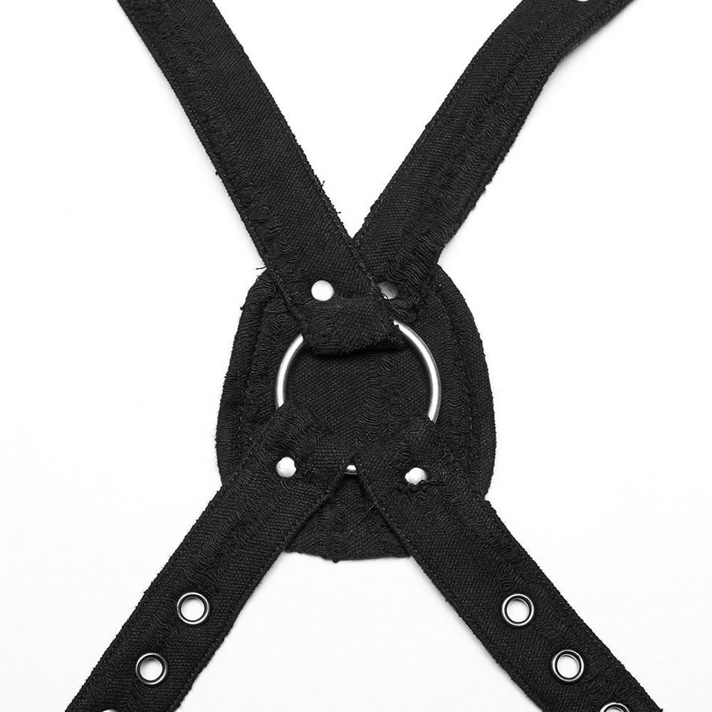 Black knitted and leather harness detailing with adjustable rings for a custom fit.
