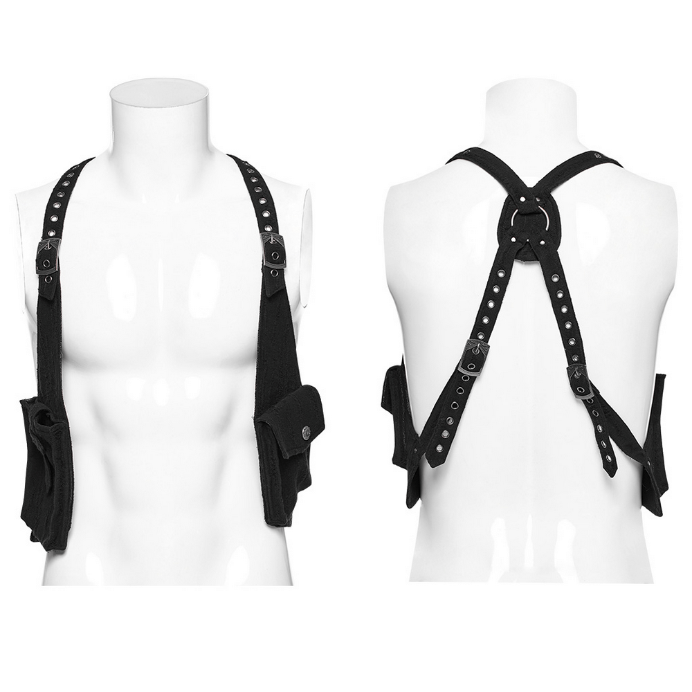 Stylish knitted and leather harness with pockets for military-grade functionality and adjustable fit.