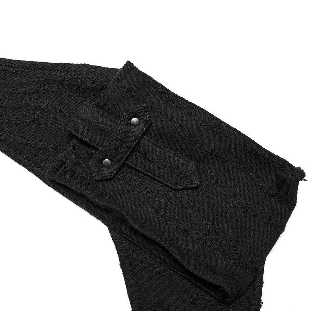 Close-up of a stylish knitted and leather pocket harness with adjustable strap and rugged texture.