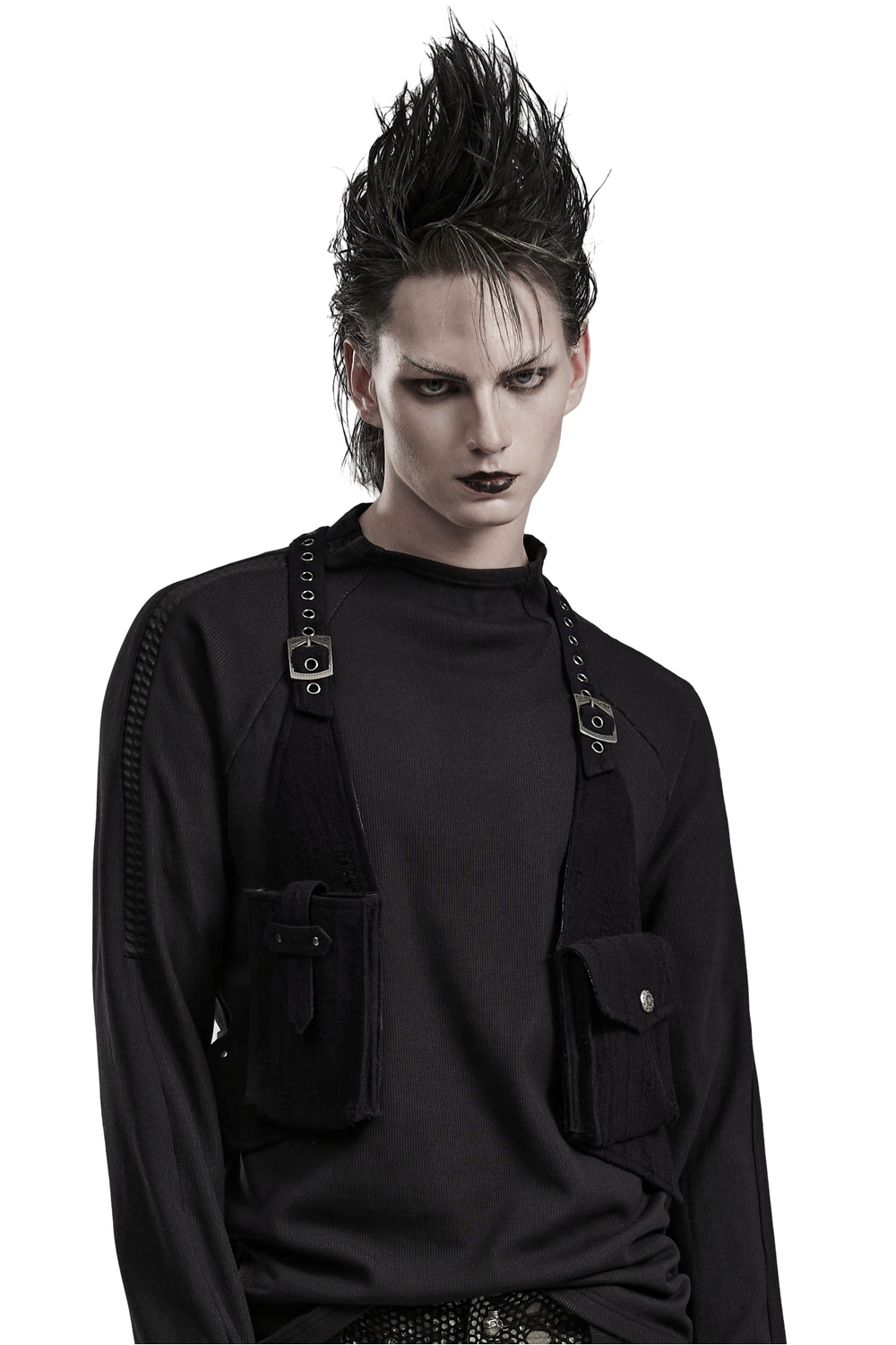 Cool model wearing a trendy knitted and leather harness bag with pockets, showcasing a stylish yet rugged look.
