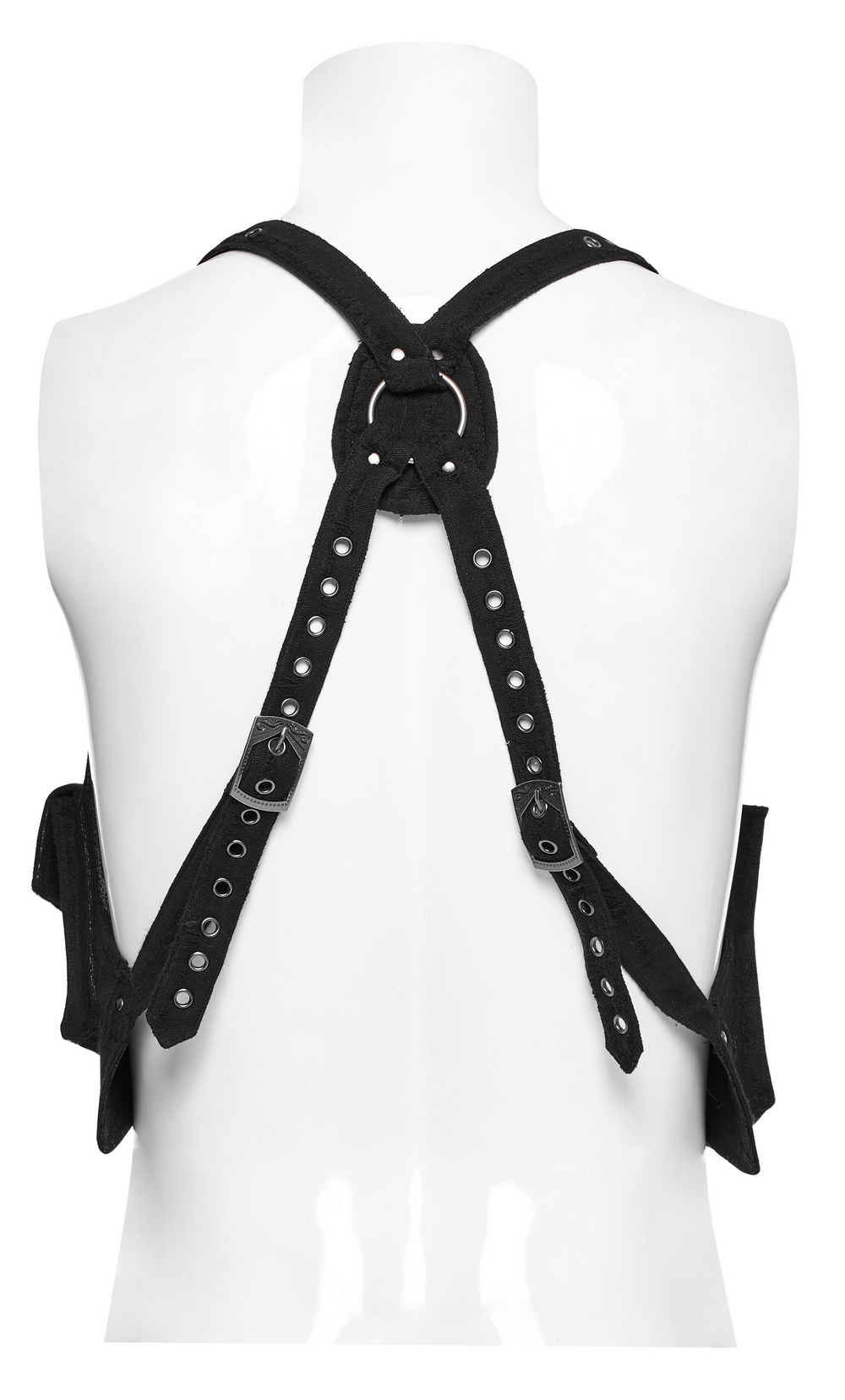 Back view of a stylish knitted and leather holster harness with adjustable straps and pockets, perfect for trendy functionality.