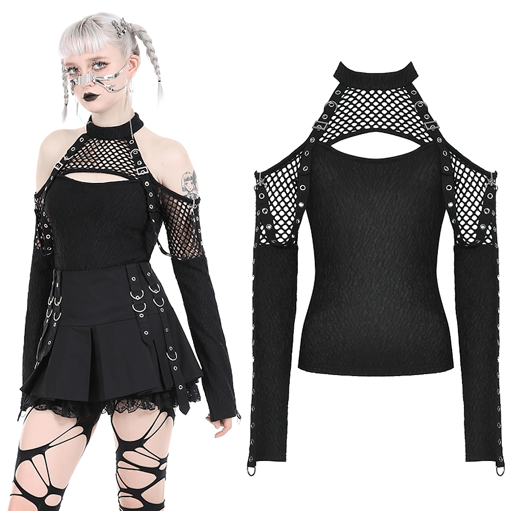 Edgy black lace top with cutouts and lace-up sleeves, perfect for a rocker chic look.