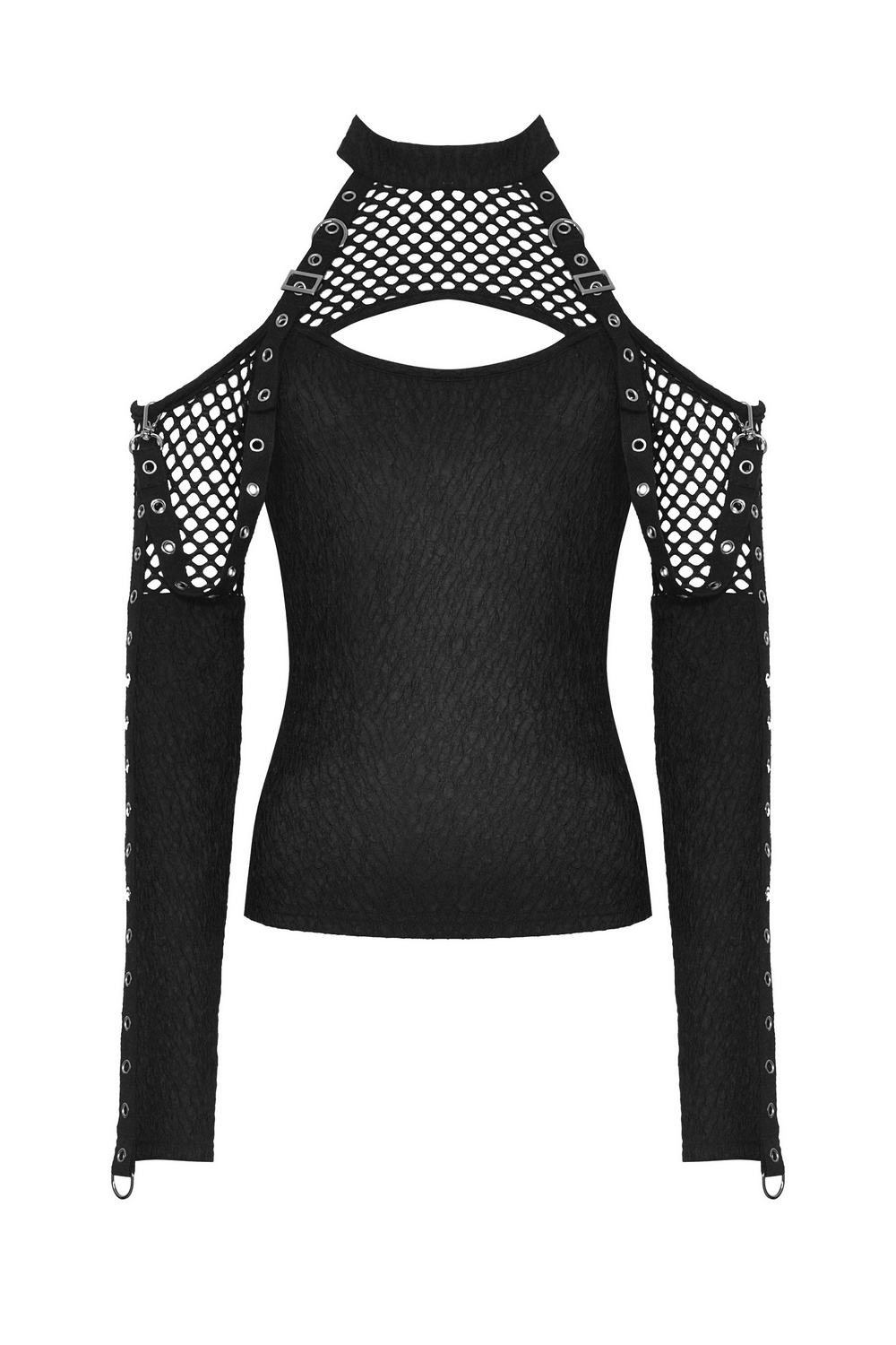 Chic black lace top with edgy cutouts and lace-up sleeves, perfect for a bold night out.