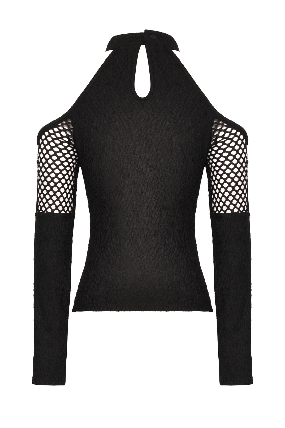 Edgy black lace top with cutouts and lace-up sleeves, showcasing a unique back design and long sleeves.