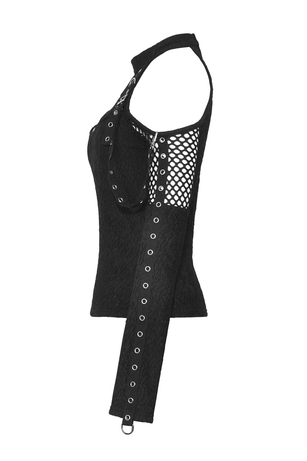 Stylish black lace top with cutouts and lace-up sleeve details, perfect for edgy night out fashion.
