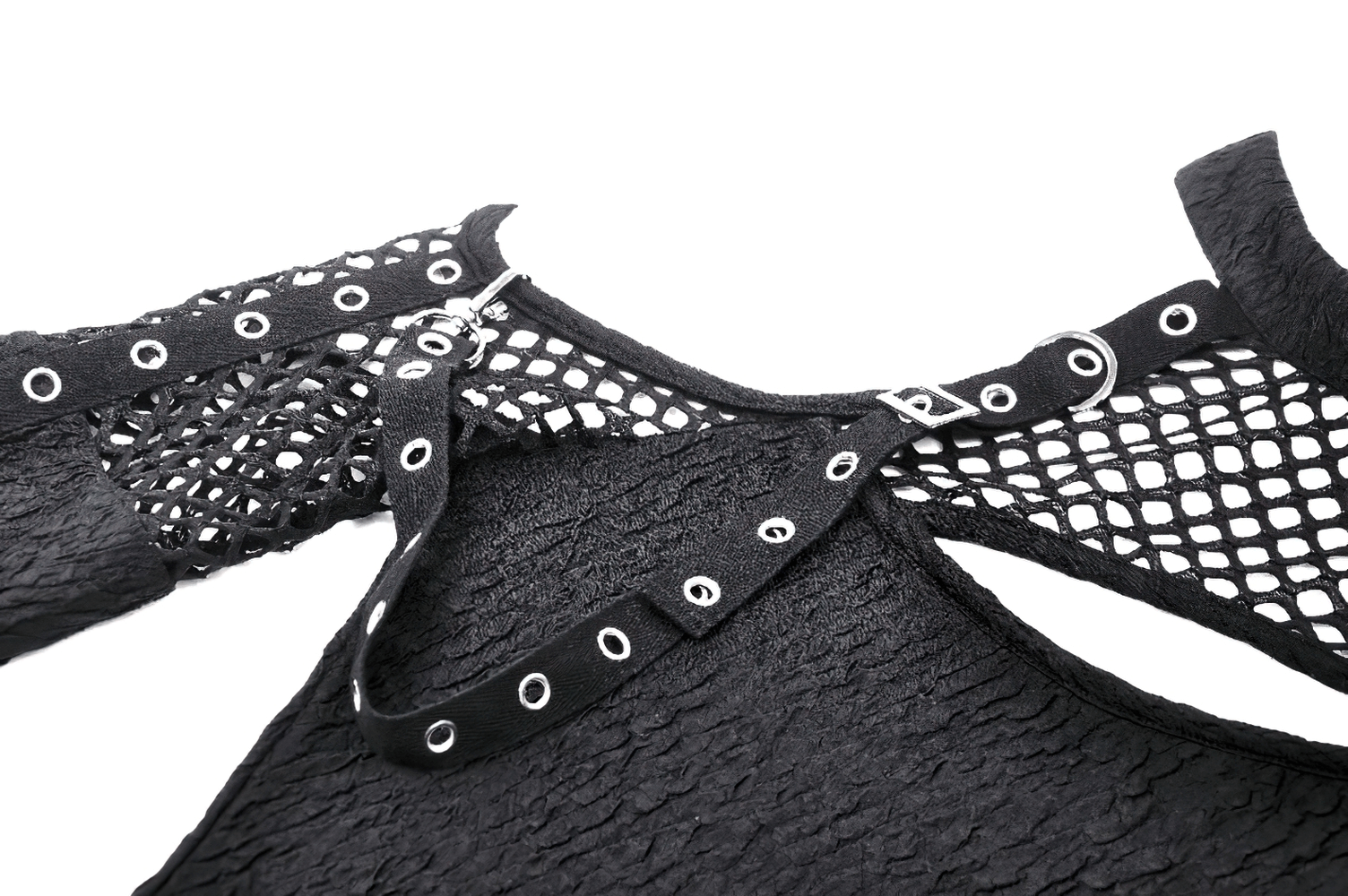 Edgy black lace top with cutouts and lace-up sleeves, showcasing unique mesh details and adjustable straps.